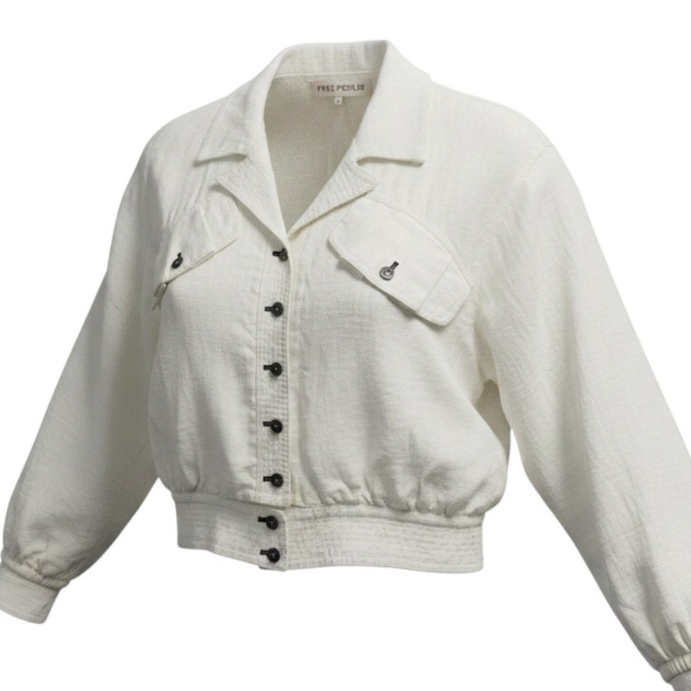 Free People Ivory Linen Blend Cropped Puff Sleeve Utility Jacket OB1934112 Small